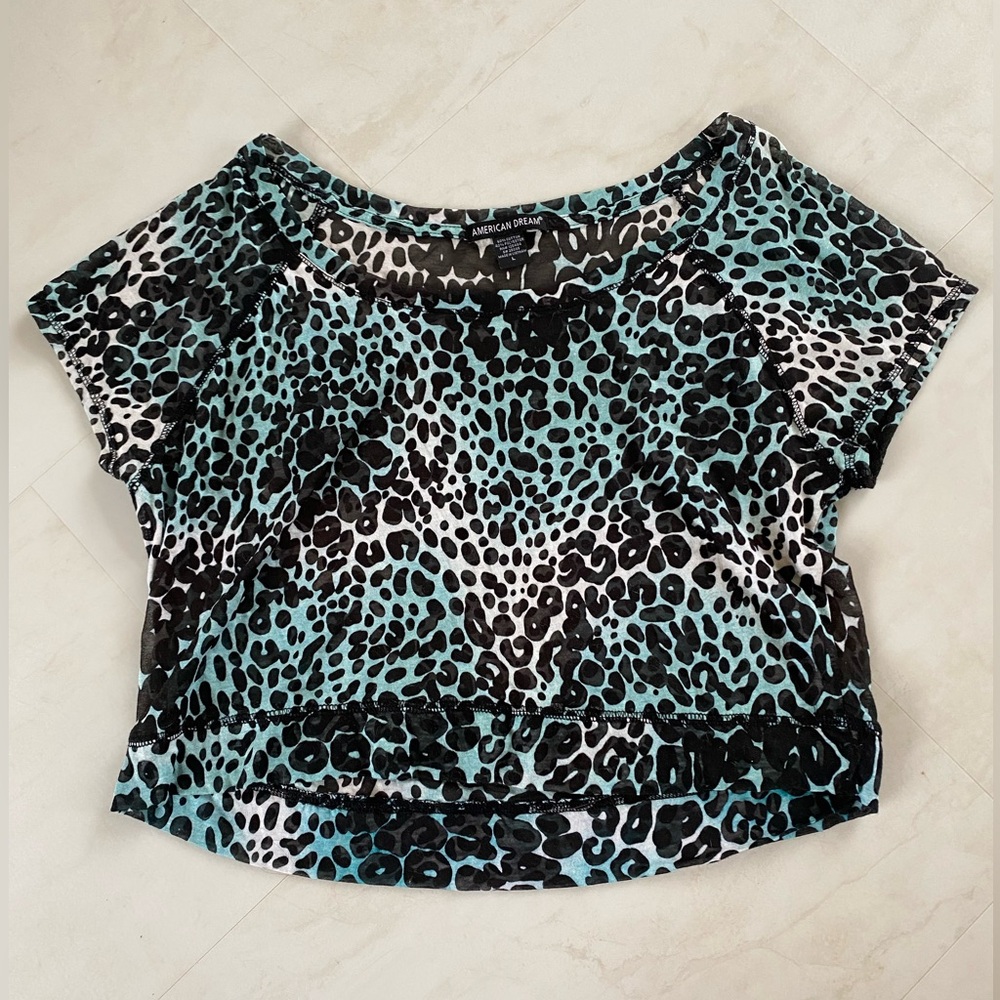 American Dream - Juniors Teal & Black Leopard Pattern Flowy Crop Top - Size L